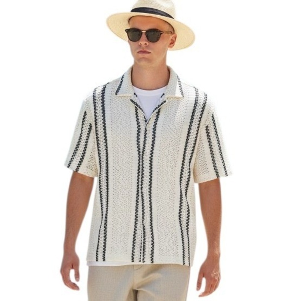 Zara open Knit Crochet Men size Medium Beachy Resortwear Summer Loungewear Shirt